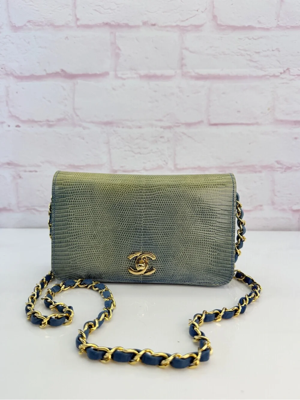 RARE Chanel Blue Lizard Skin Flap Bag Wallet on Chain 0 Series 1986-88